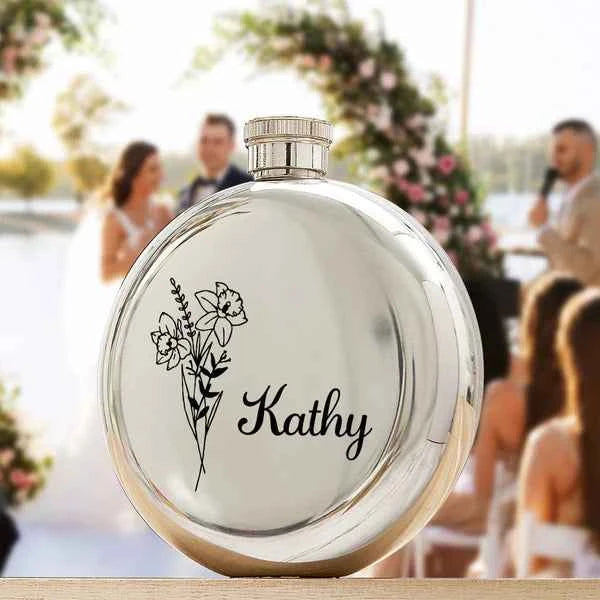 Personalized Name Flask with Birth Flower Custom Flask Gift for Bridesmaid Bachelorette Friends