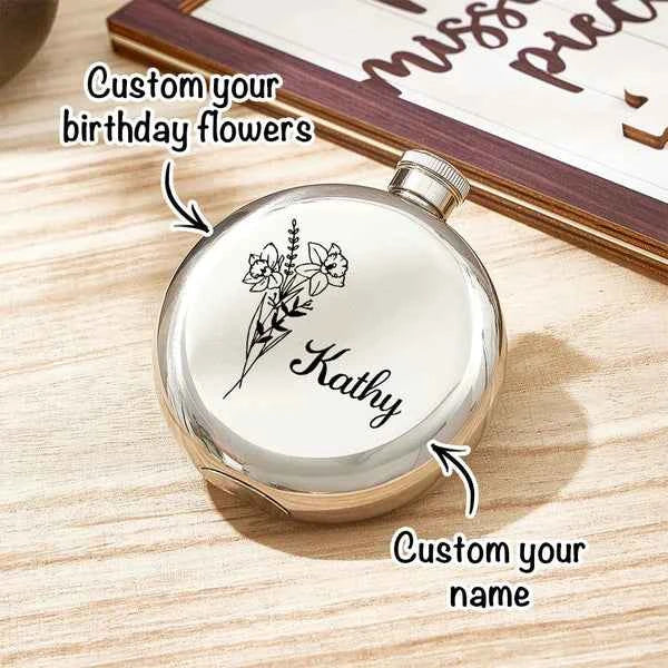 Personalized Name Flask with Birth Flower Custom Flask Gift for Bridesmaid Bachelorette Friends