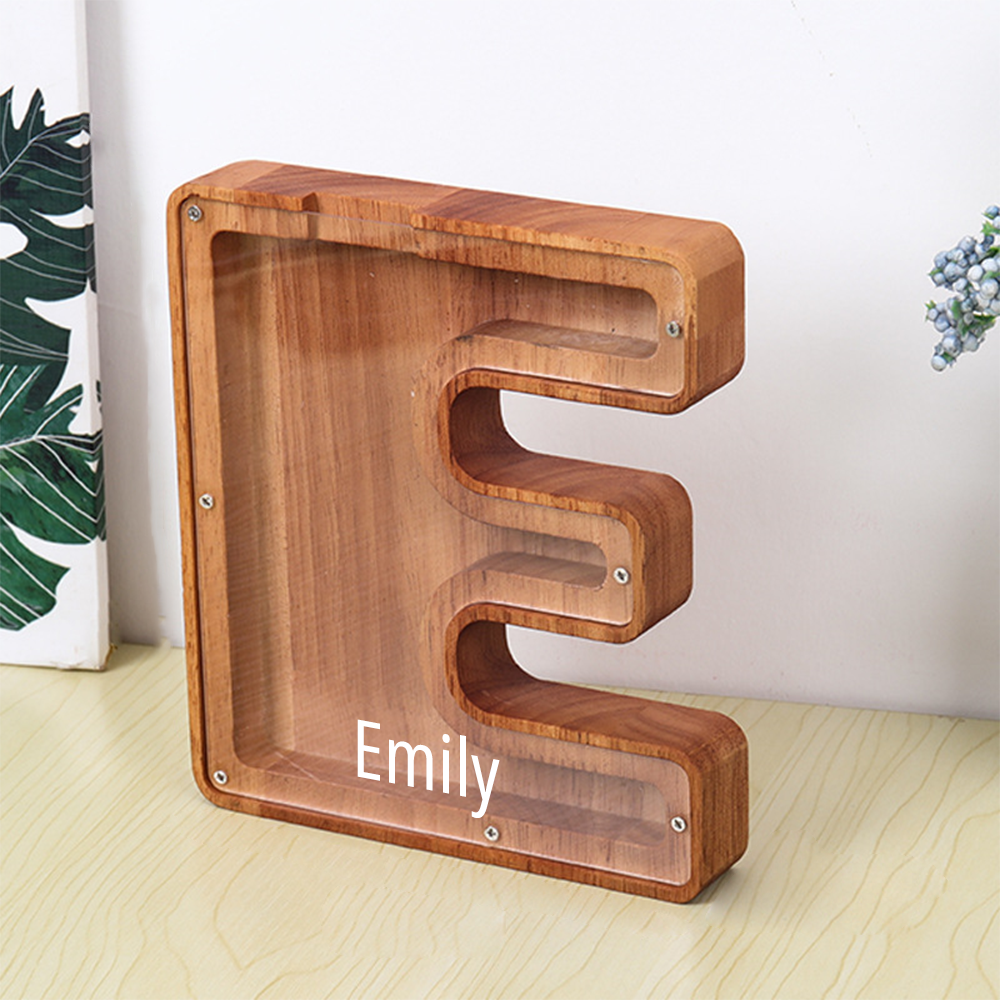 MadeMine personalised wooden piggy bank letter E in solid wood with clear front and Emily name for kids
