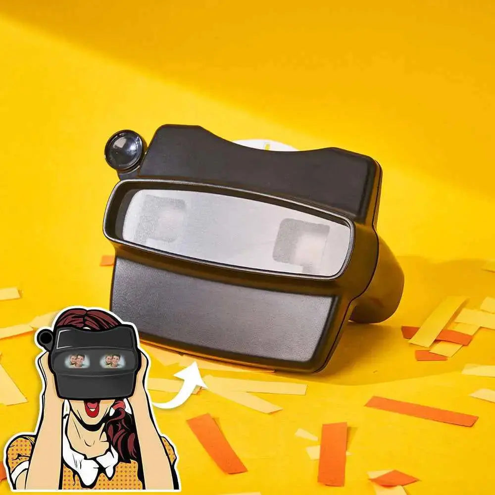 MadeMine personalized photo viewer with reel in black on yellow background with cartoon of person using it