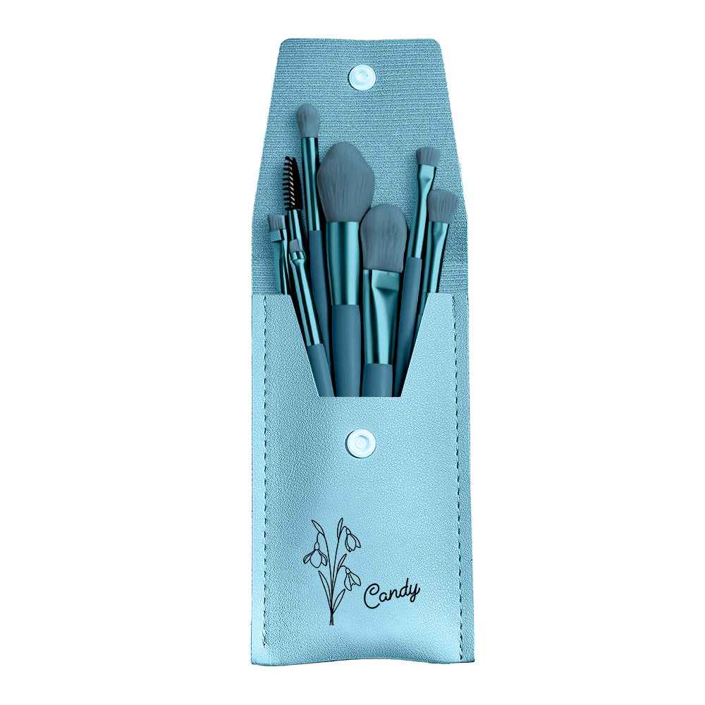 MadeMine personalized makeup brush set with bag in blue featuring seven assorted brushes and floral design
