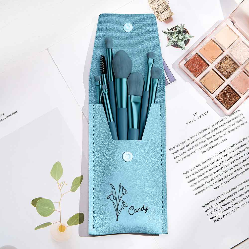 Personalized makeup brush set with bag in teal blue featuring custom name and floral design by MadeMine