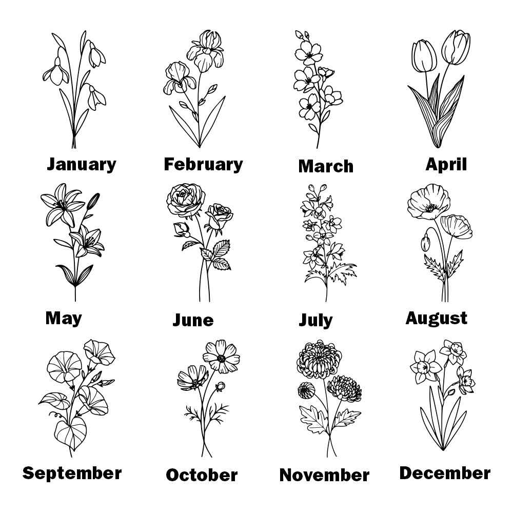 Personalized makeup brush set with bag by MadeMine displayed with various birth month flowers artwork