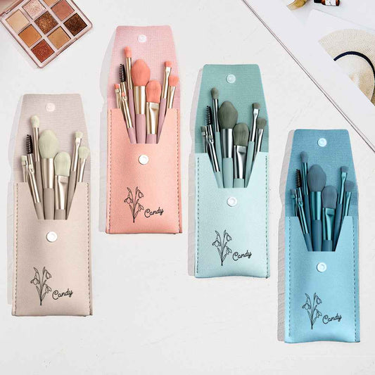 MadeMine personalized makeup brush set with bag in pastel colors including pink blue beige and gray