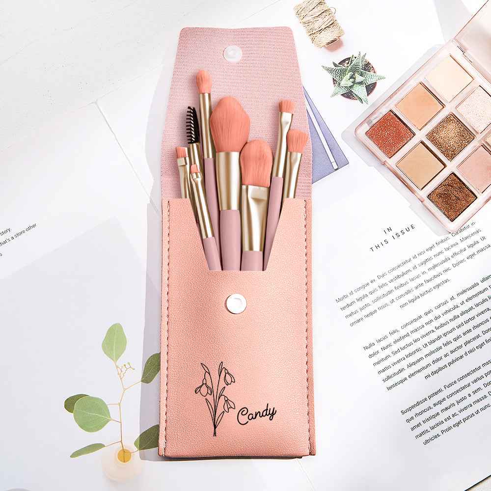 Personalized makeup brush set with bag in pink featuring custom name and floral design