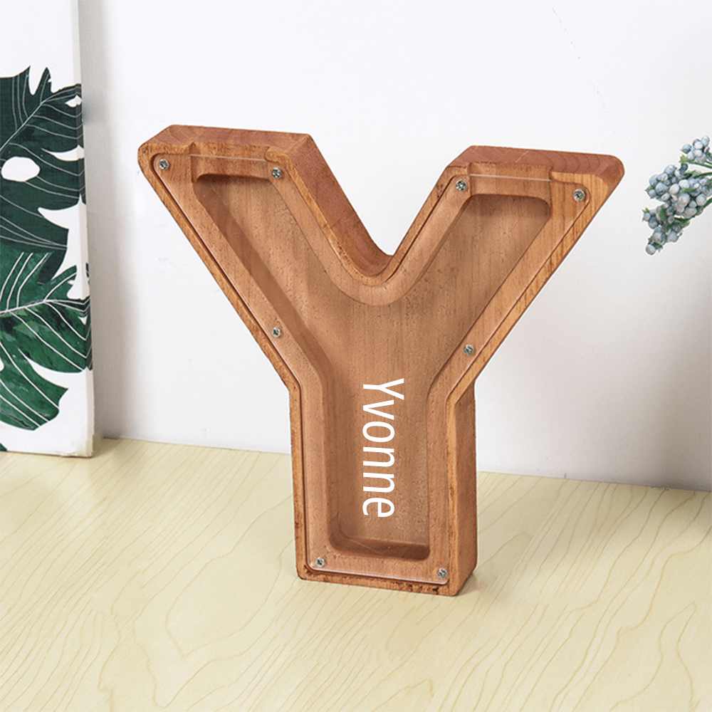 Custom Name Letter Piggy Bank Wooden Engraved Money Box Kids Christmas Gifts - Brown / Y