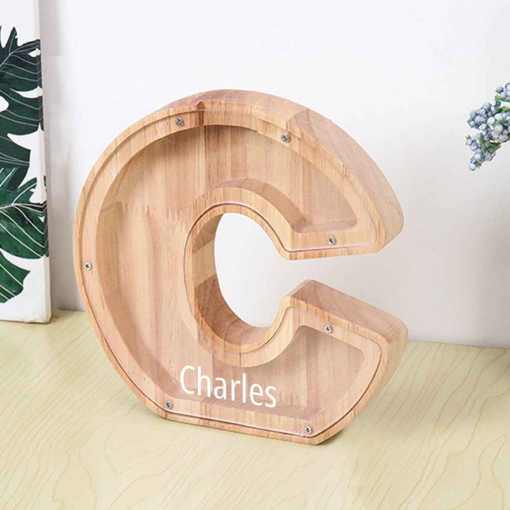 Custom Name Letter Piggy Bank Wooden Engraved Money Box Kids Christmas Gifts