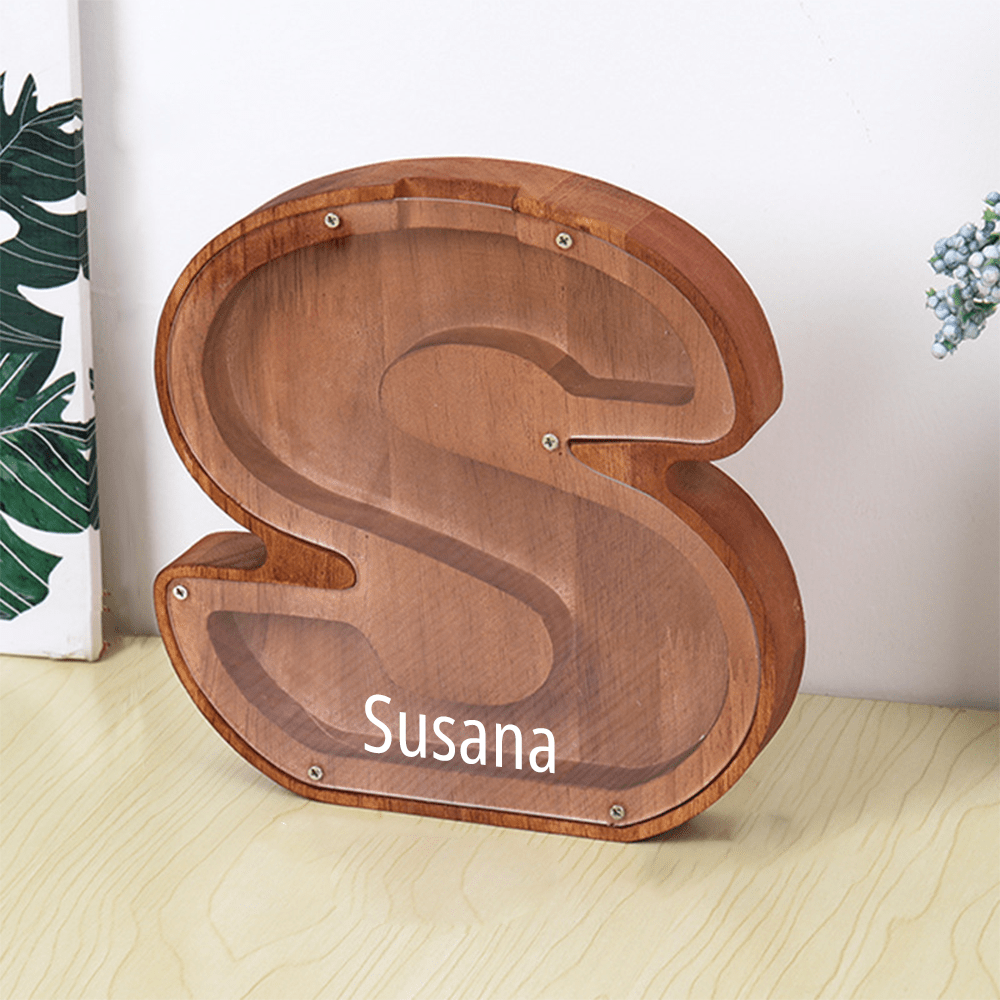 Custom Name Letter Piggy Bank Wooden Engraved Money Box Kids Christmas Gifts