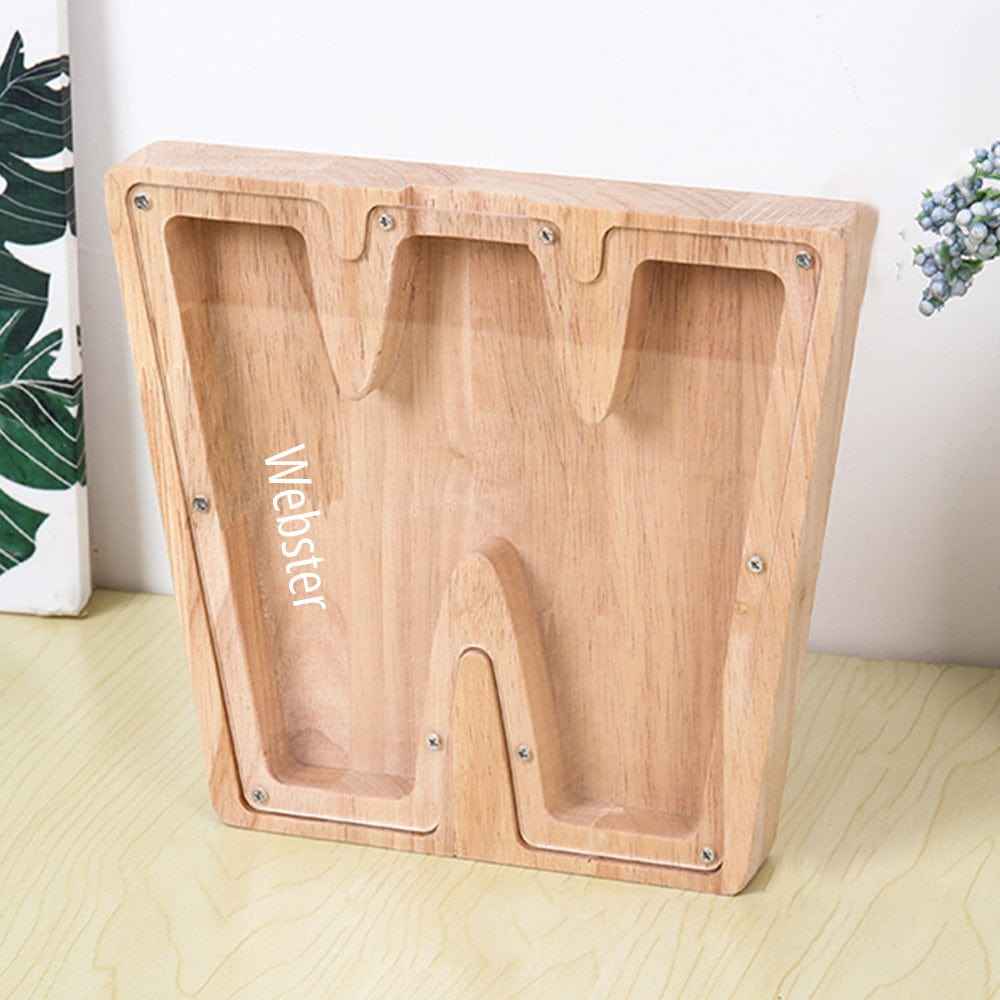 Custom Name Letter Piggy Bank Wooden Engraved Money Box Kids Christmas Gifts