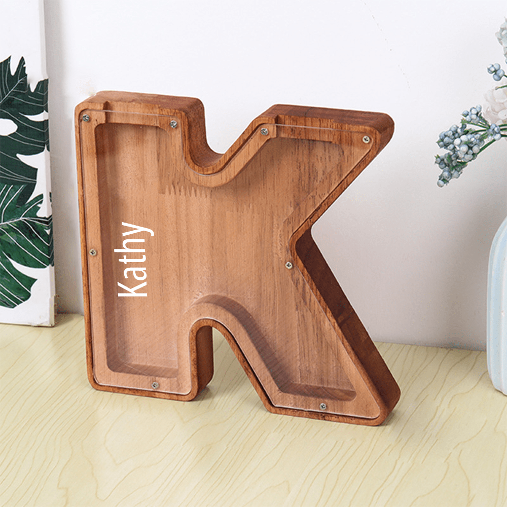 Custom Name Letter Piggy Bank Wooden Engraved Money Box Kids Christmas Gifts