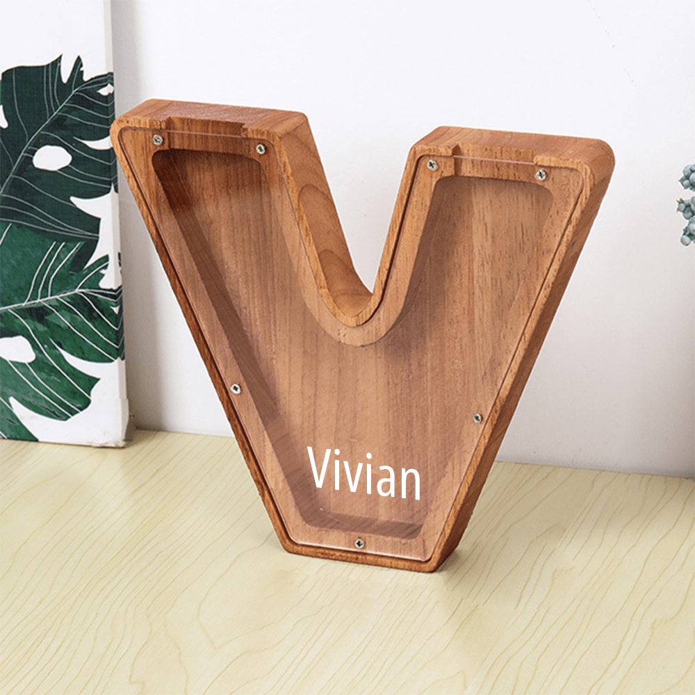 Custom Name Letter Piggy Bank Wooden Engraved Money Box Kids Christmas Gifts