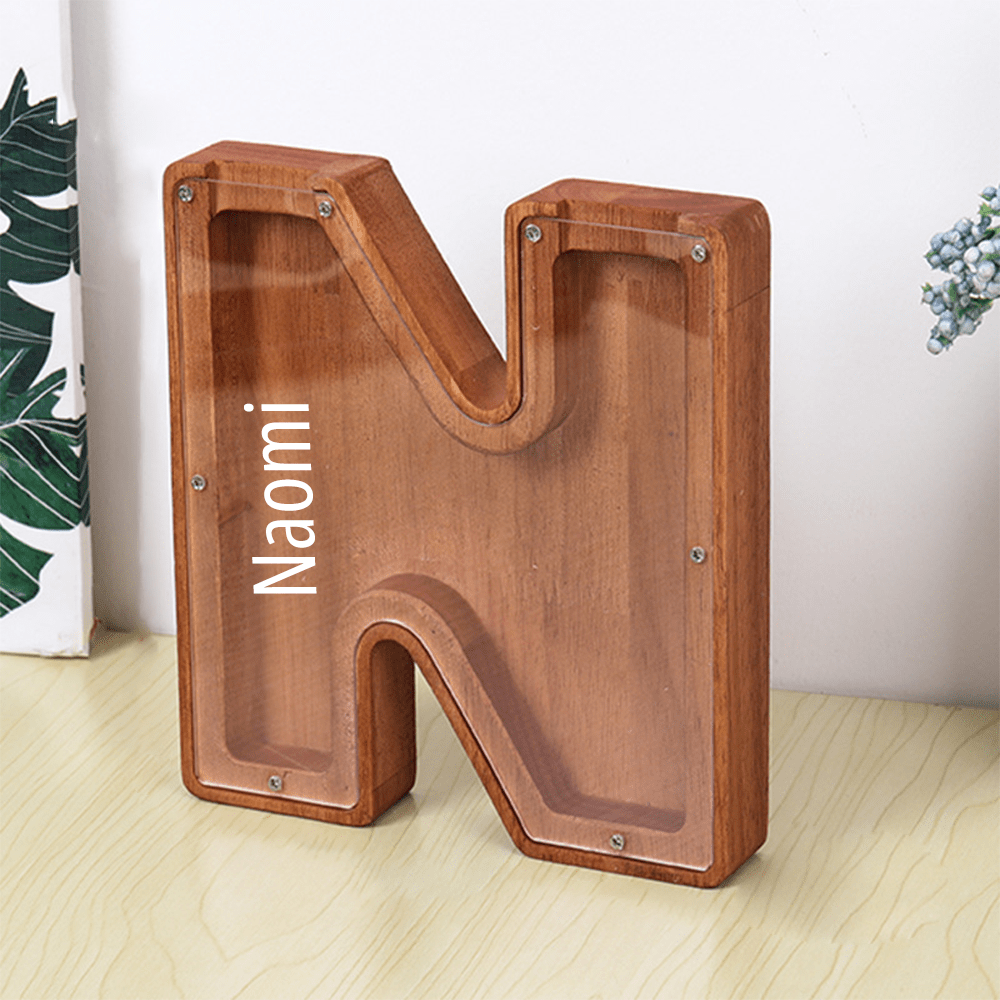 Custom Name Letter Piggy Bank Wooden Engraved Money Box Kids Christmas Gifts