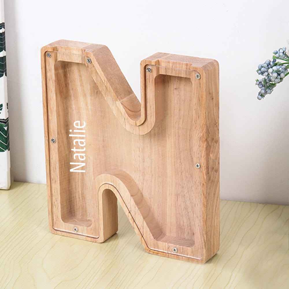 Custom Name Letter Piggy Bank Wooden Engraved Money Box Kids Christmas Gifts