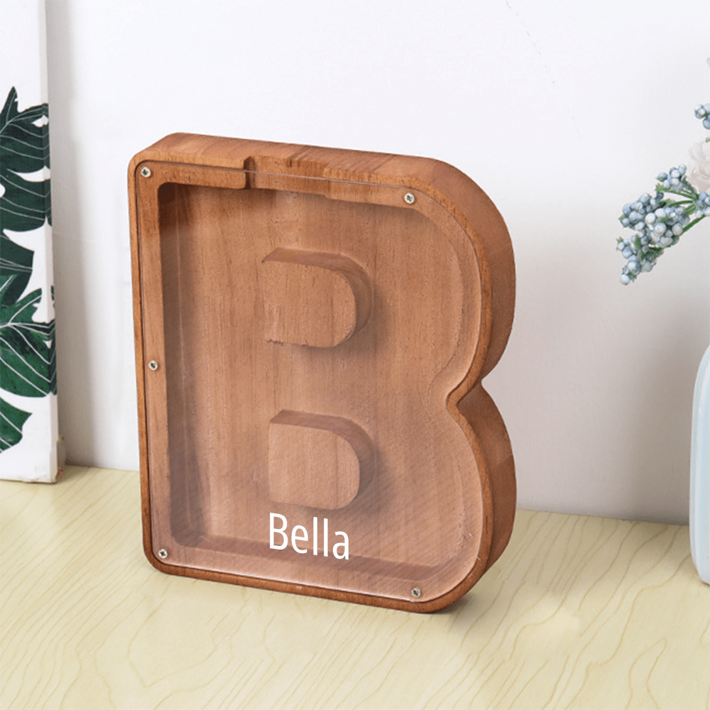 Custom Name Letter Piggy Bank Wooden Engraved Money Box Kids Christmas Gifts