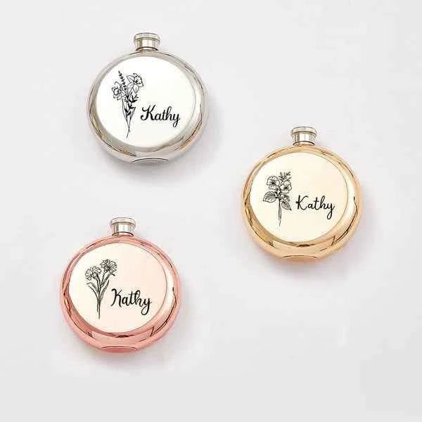 Personalized Name Flask with Birth Flower Custom Flask Gift for Bridesmaid Bachelorette Friends