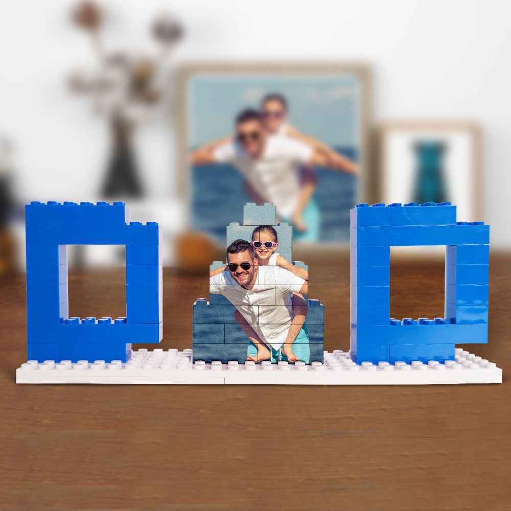 MadeMine personalized dad photo puzzle with blue letter building blocks and custom photo centerpiece