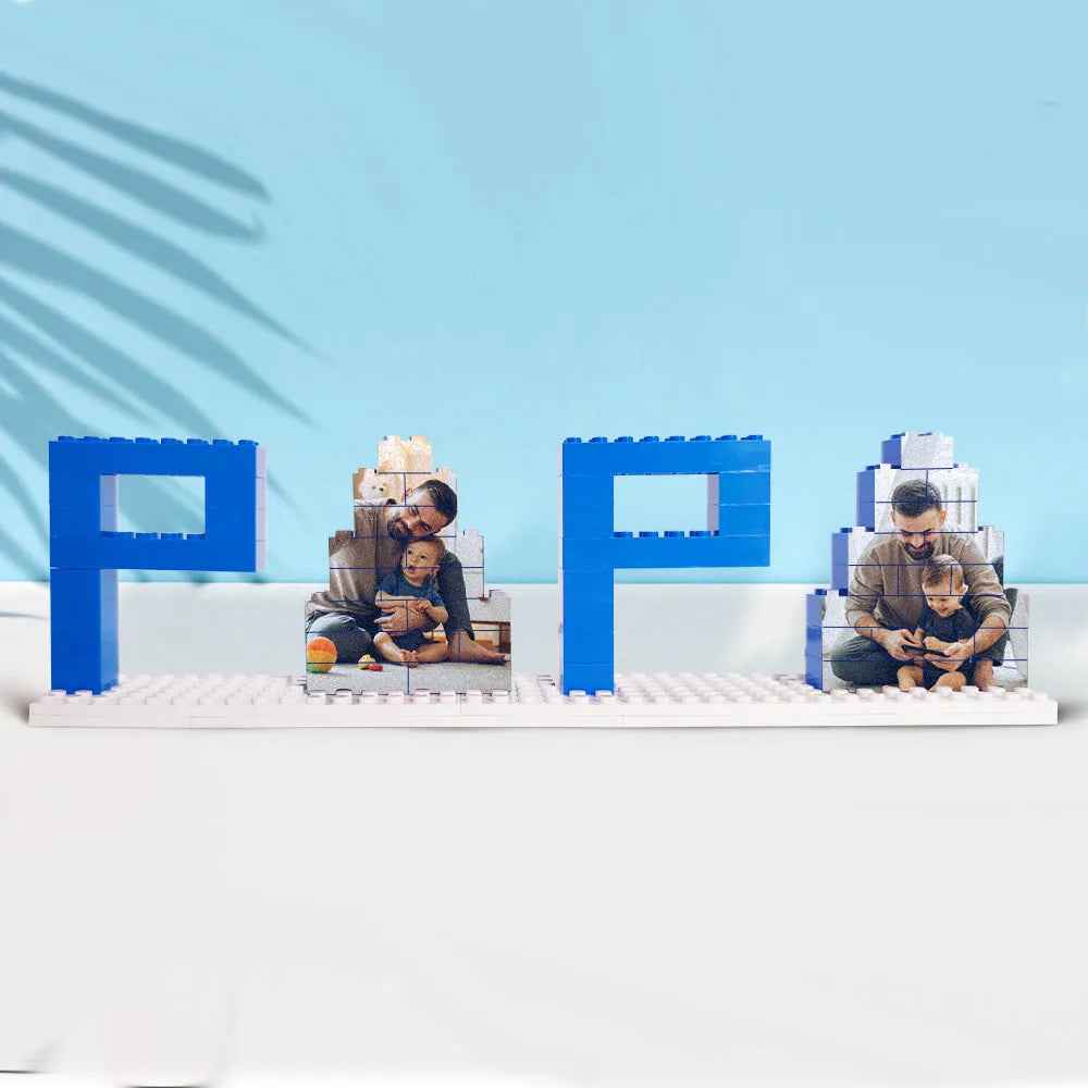 Personalized dad photo puzzle featuring blue letter P blocks with custom photo pieces of a father and child