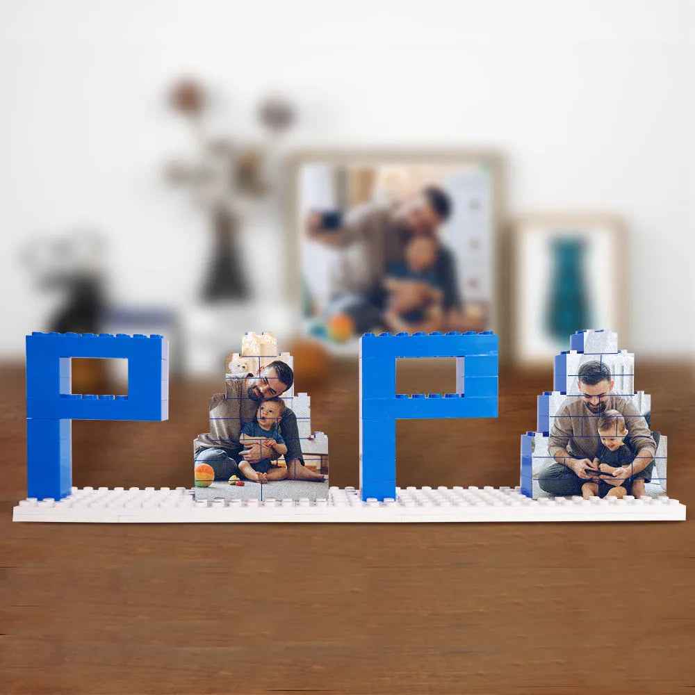 MadeMine personalized dad photo puzzle with blue letter blocks and custom photo pieces of dad and child