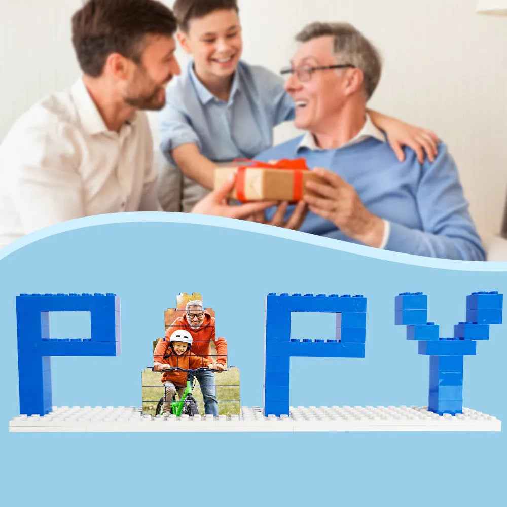 Personalized dad photo puzzle spelling PAPPY with family photo inside letters and gift giving scene