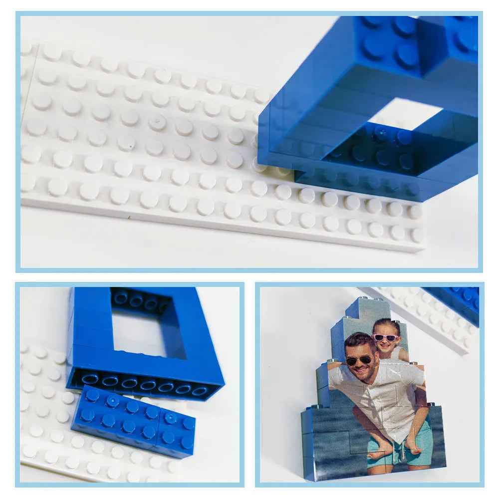 MadeMine personalized dad photo puzzle assembled with blue building block pieces featuring a father and child image