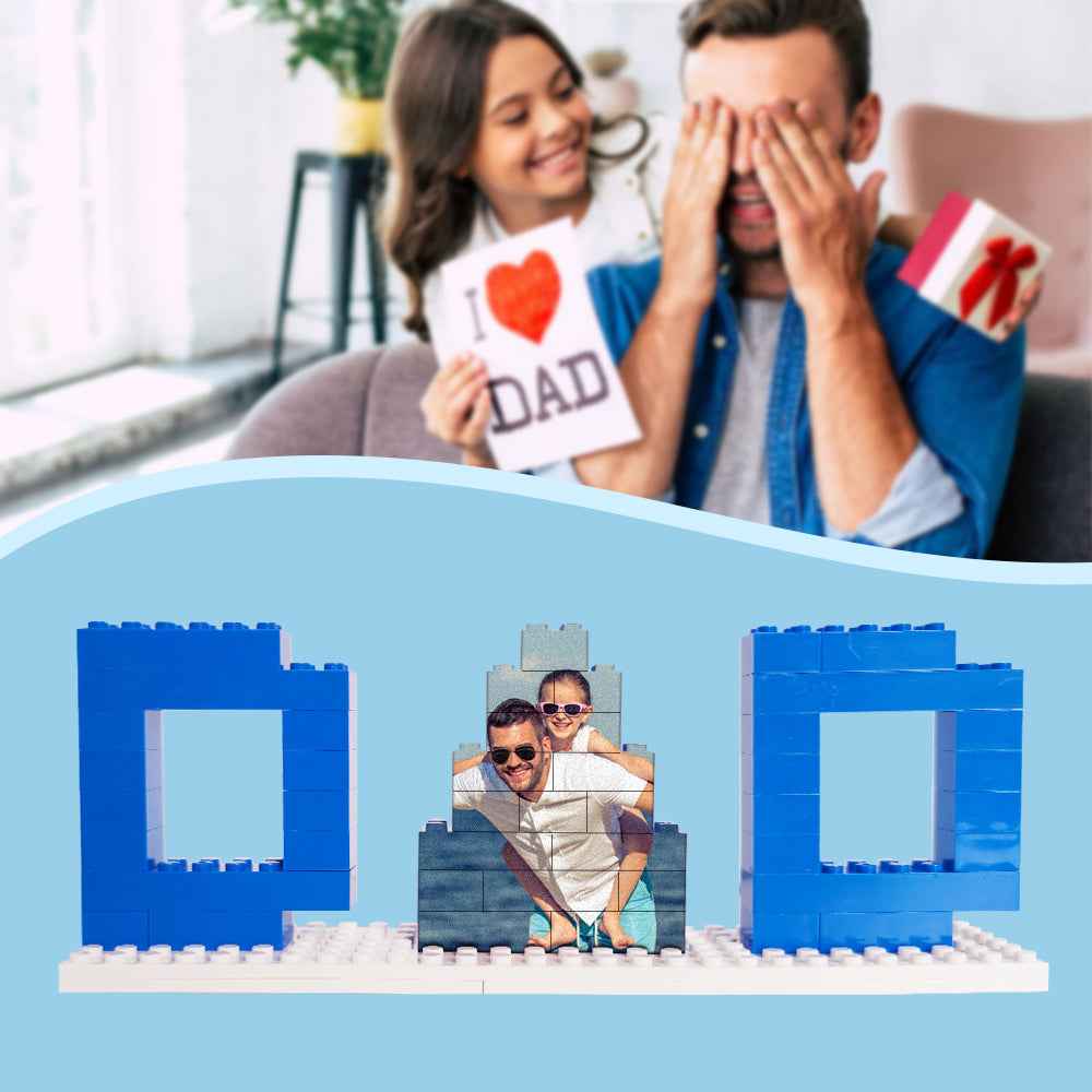 MadeMine personalized dad photo puzzle featuring custom photo blocks arranged between blue frame pieces