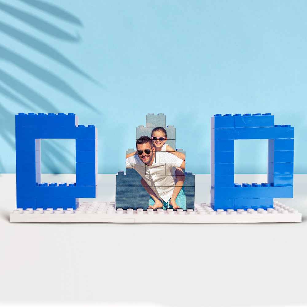 MadeMine personalized dad photo puzzle featuring a custom photo embedded in blue building block letters DAD