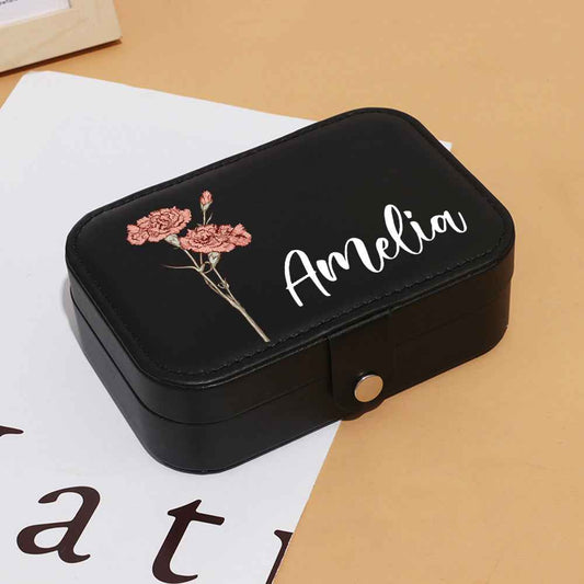 MadeMine custom leather travel jewellery case personalised black leather jewellery box with Amelia name and floral motif