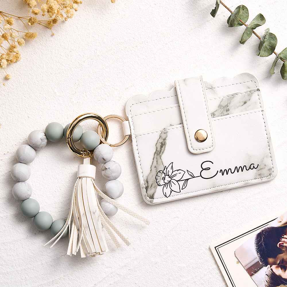 MadeMine personalized birth flower wallet with marble design and wristlet keychain with tassel and beads