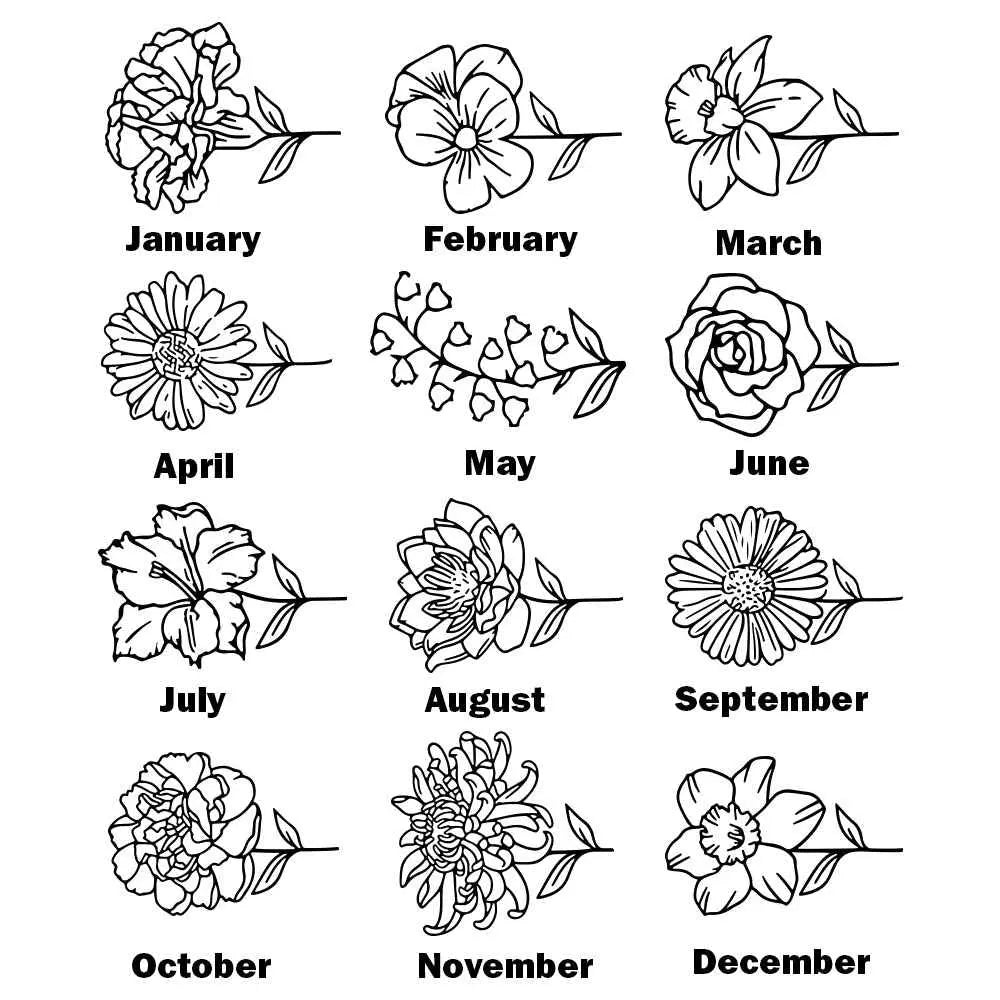 Black and white illustration of personalized birth flower wallet designs for each month from January to December