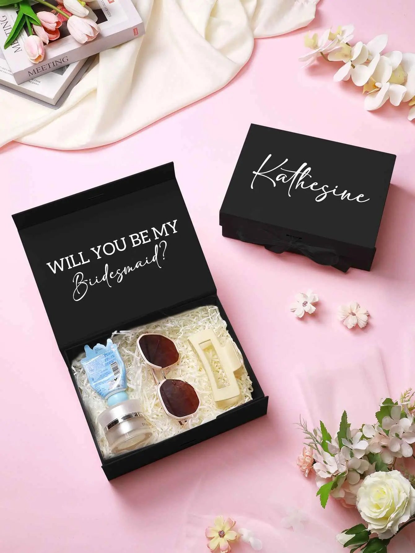 MadeMine personalized bridesmaid proposal box with sunglasses and beauty items in black gift box
