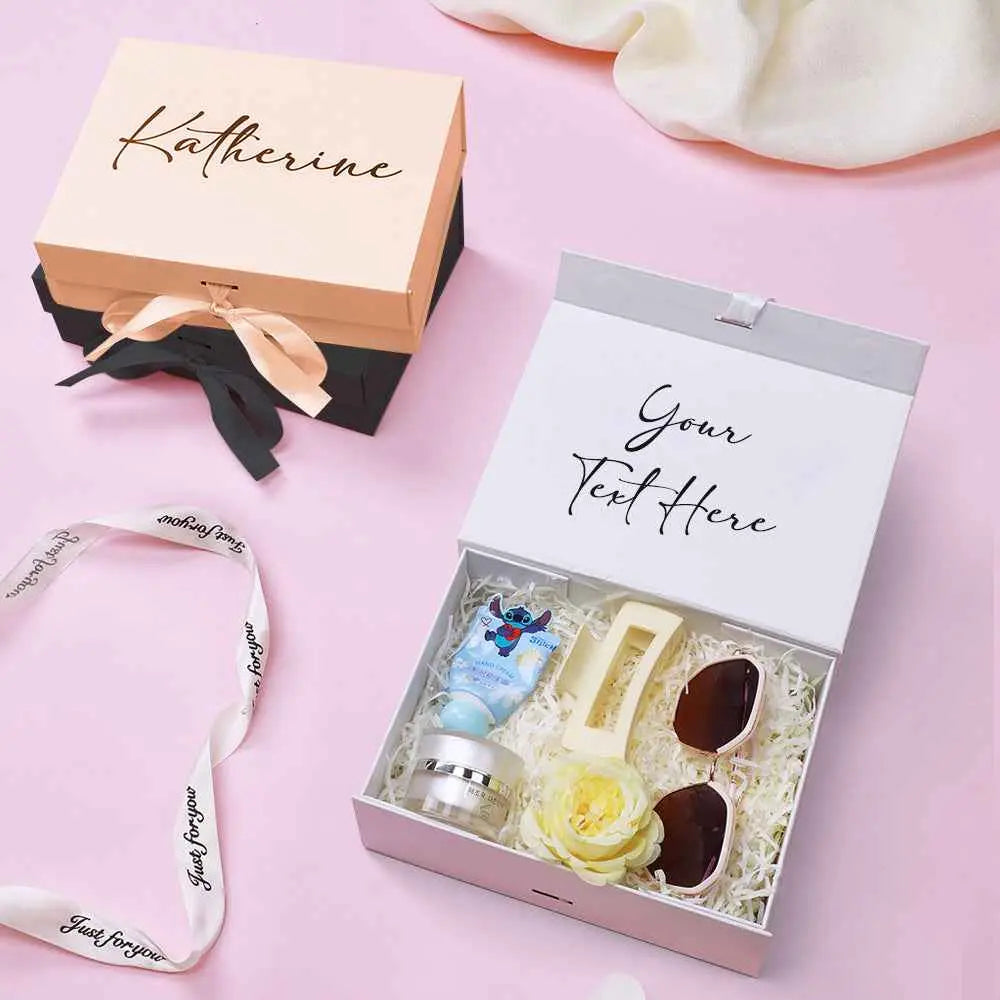 MadeMine personalized bridesmaid proposal box with sunglasses, beauty products, and a flower inside on pink background