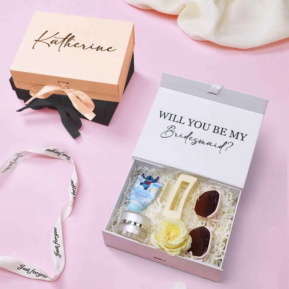 MadeMine personalized bridesmaid proposal box with sunglasses, beauty products, a flower, and custom name packaging