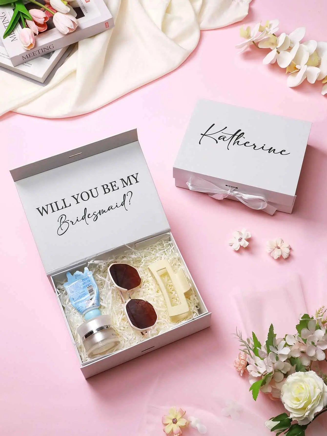 MadeMine personalized bridesmaid proposal box with sunglasses perfume and custom name lid