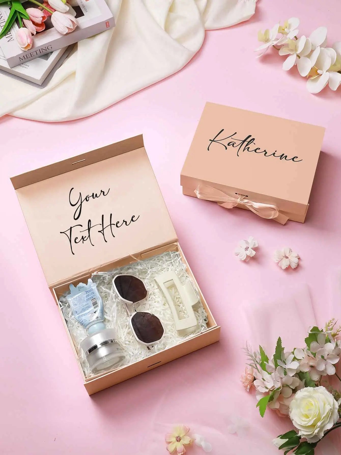 MadeMine personalized bridesmaid proposal box with custom name and sunglasses on pink background