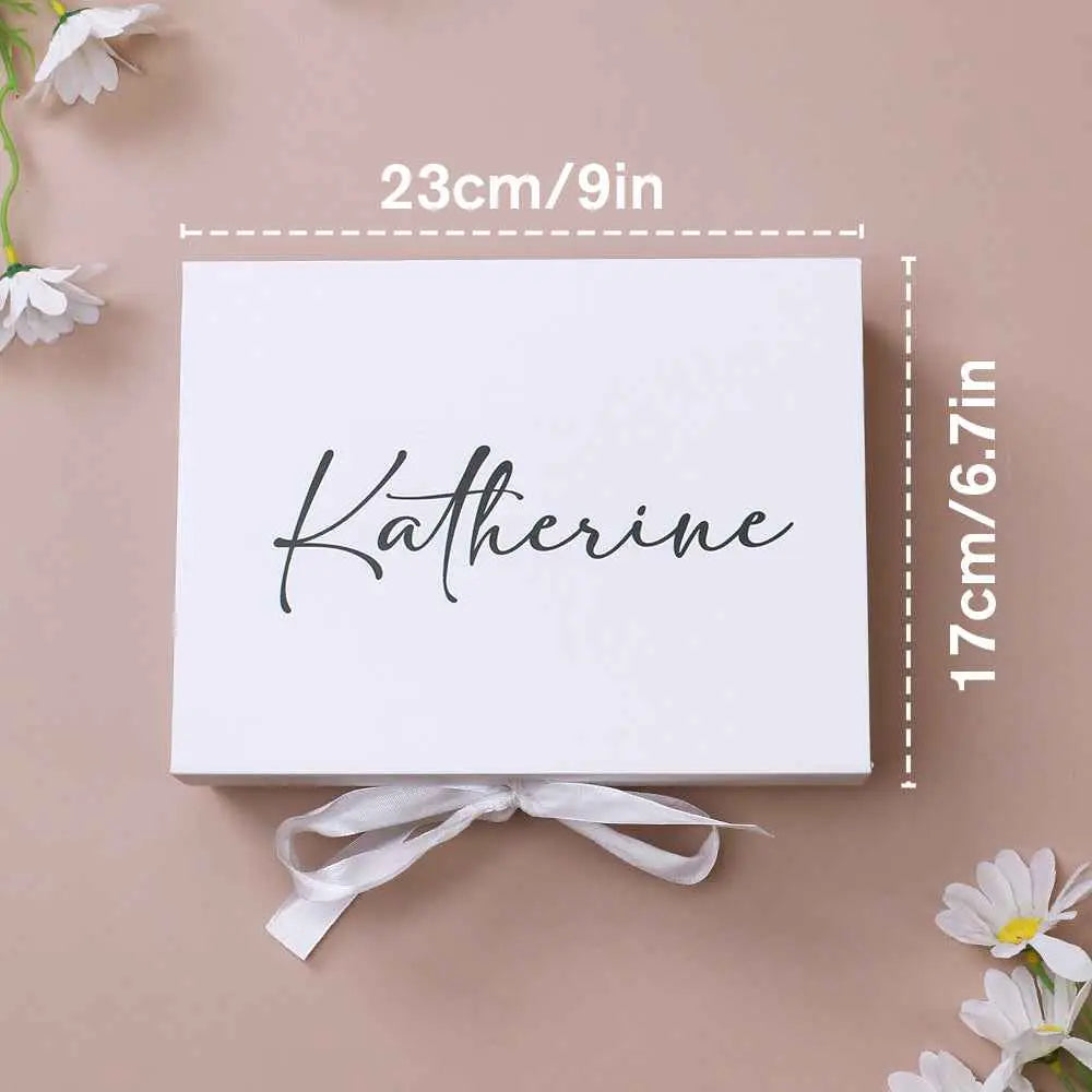 Personalized bridesmaid proposal box by MadeMine with name Katherine on white box and ribbon