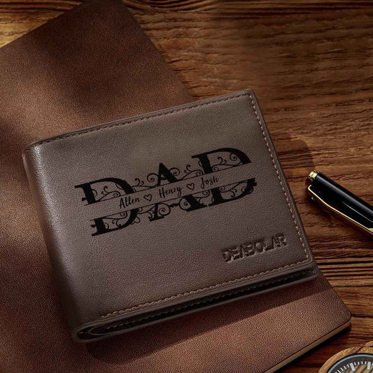 MadeMine personalized dad wallet in brown leather with custom names engraving on wooden surface