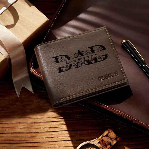 MadeMine personalized dad wallet in brown leather with custom engraved names and elegant stitching