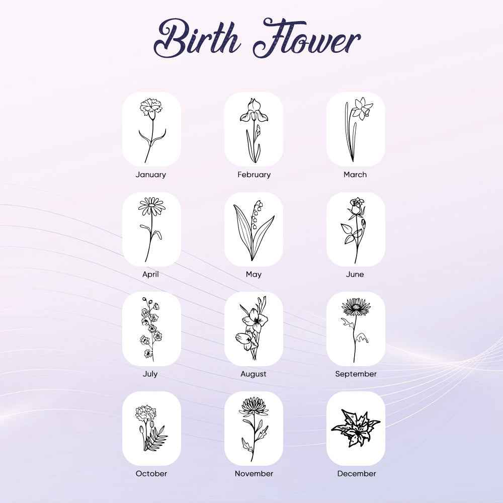 Minimalist birth flower designs for each month from January to December with delicate line art floral illustrations