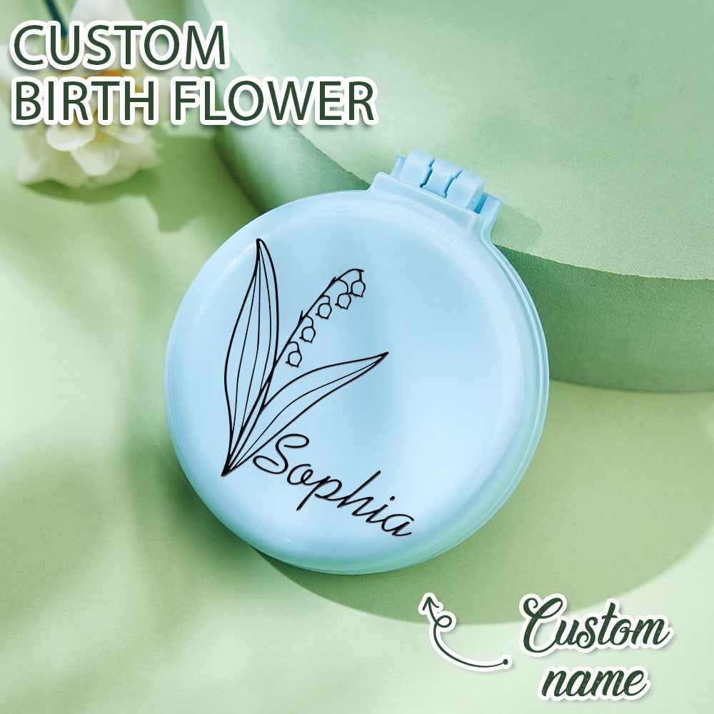 MadeMine personalized foldable mirror brush in blue with custom birth flower design and name Sophia