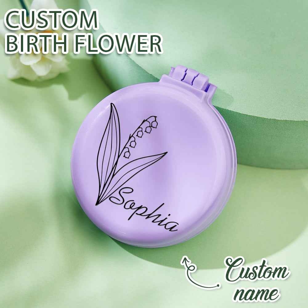 Custom purple personalized foldable mirror brush with custom birth flower and name Sophia