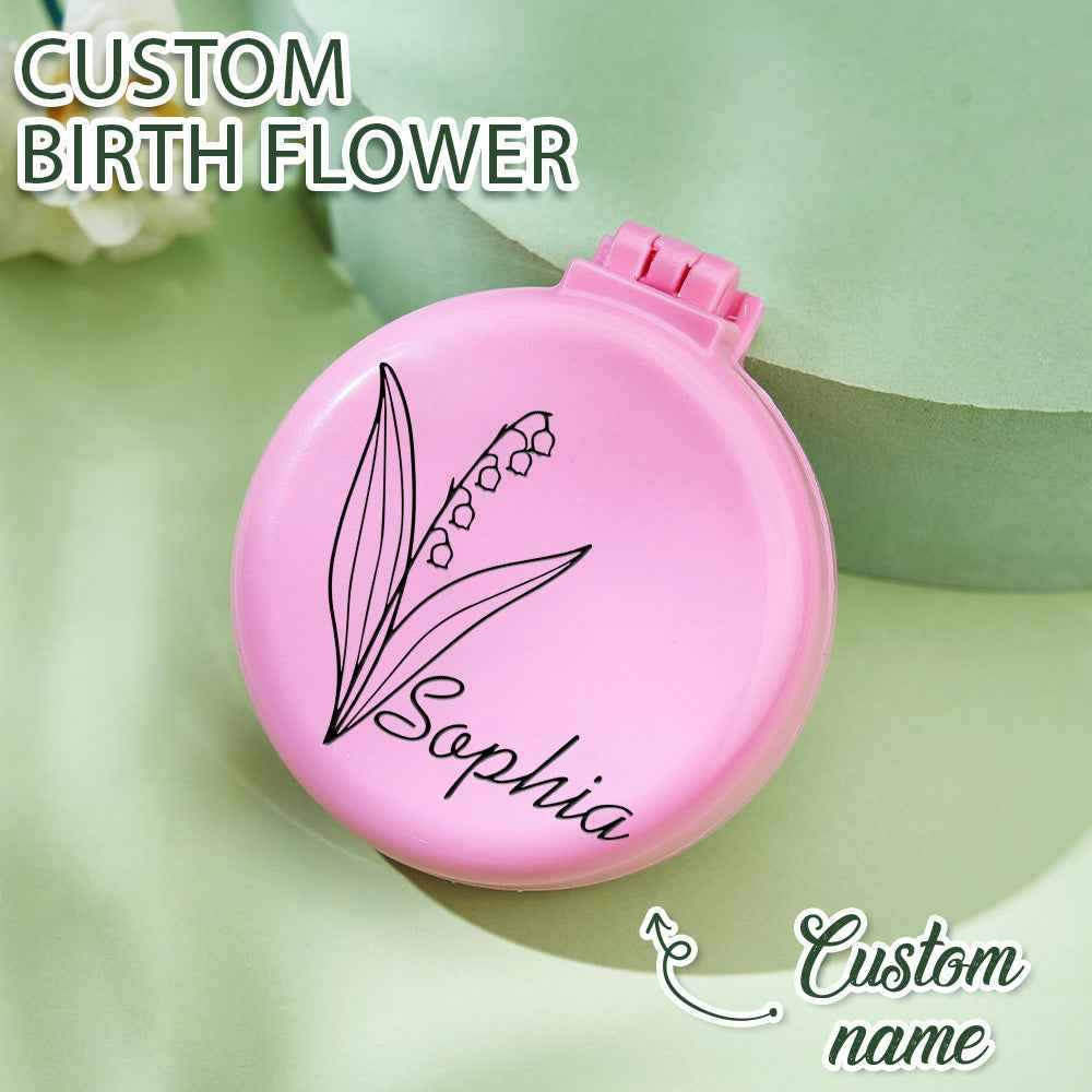 Pink personalized foldable mirror brush with custom birth flower and name Sophia by MadeMine