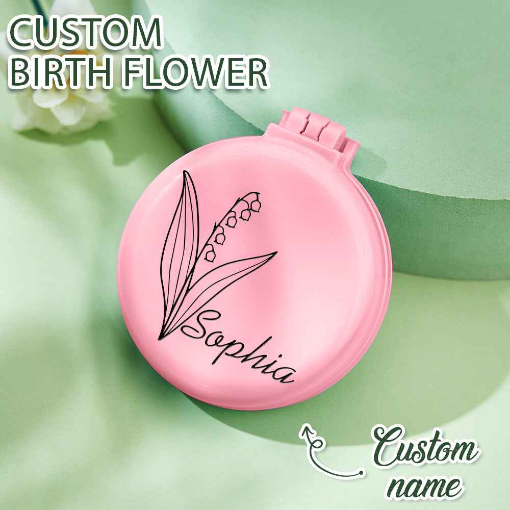 MadeMine personalized foldable mirror brush in pink with custom birth flower and name Sophia