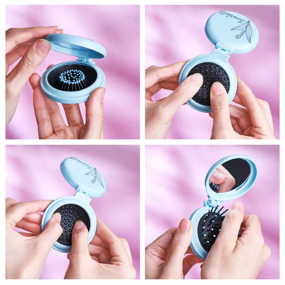 MadeMine personalized foldable mirror brush in light blue shown open with compact hairbrush and mirror