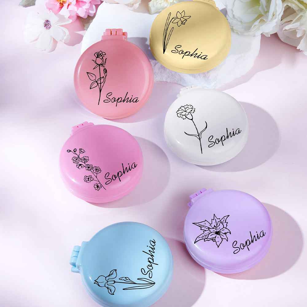 Personalized foldable mirror brush set in pastel colors with floral designs and Sophia name