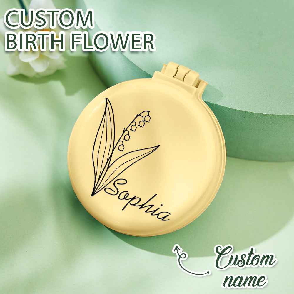 MadeMine personalized foldable mirror brush with custom birth flower and name Sophia in yellow case