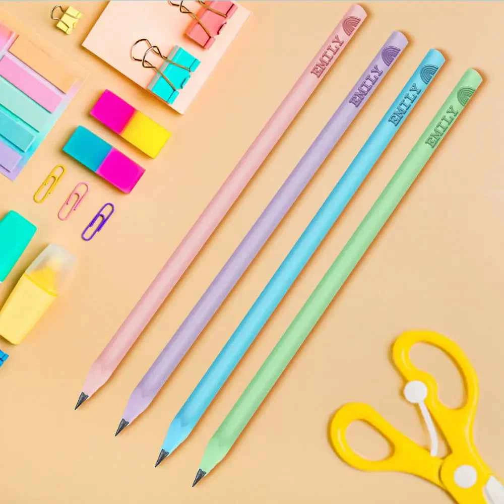 MadeMine pastel personalised pencils for school set of four with name stamp ideal for kids stationery