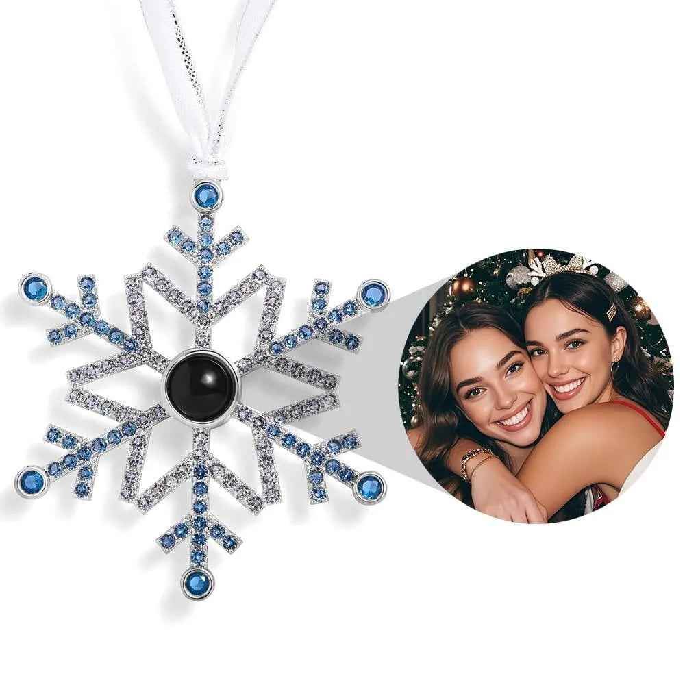 MadeMine personalised blue snowflake photo ornament silver metal with blue crystals and round photo insert for Christmas