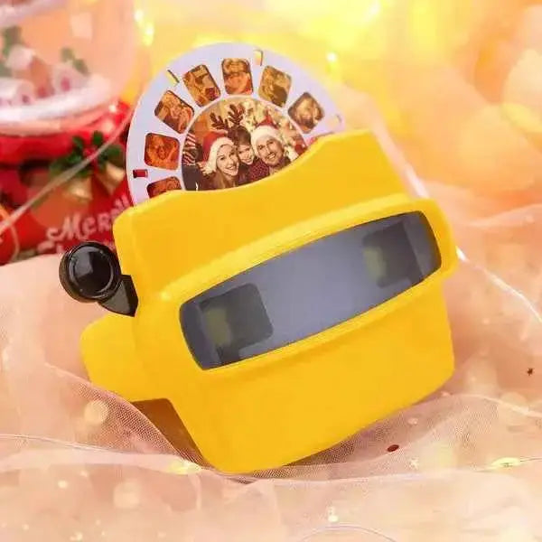 Yellow personalized photo viewer with reel showing family holiday photos on soft fabric background