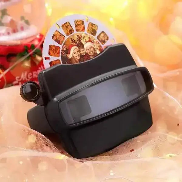 MadeMine personalized photo viewer with reel showing custom family photos in a black vintage-style viewer