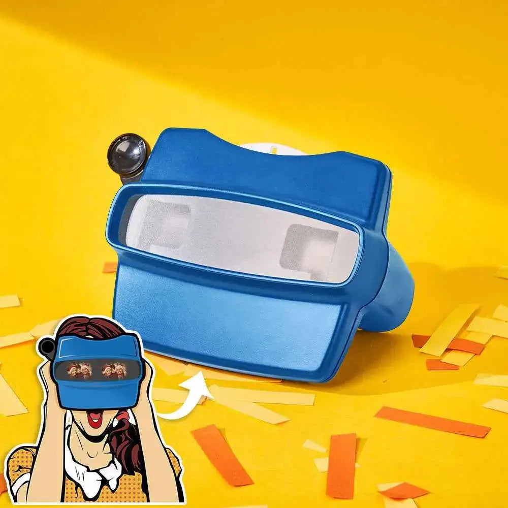 MadeMine personalized photo viewer with reel in blue displayed on a yellow background with paper confetti